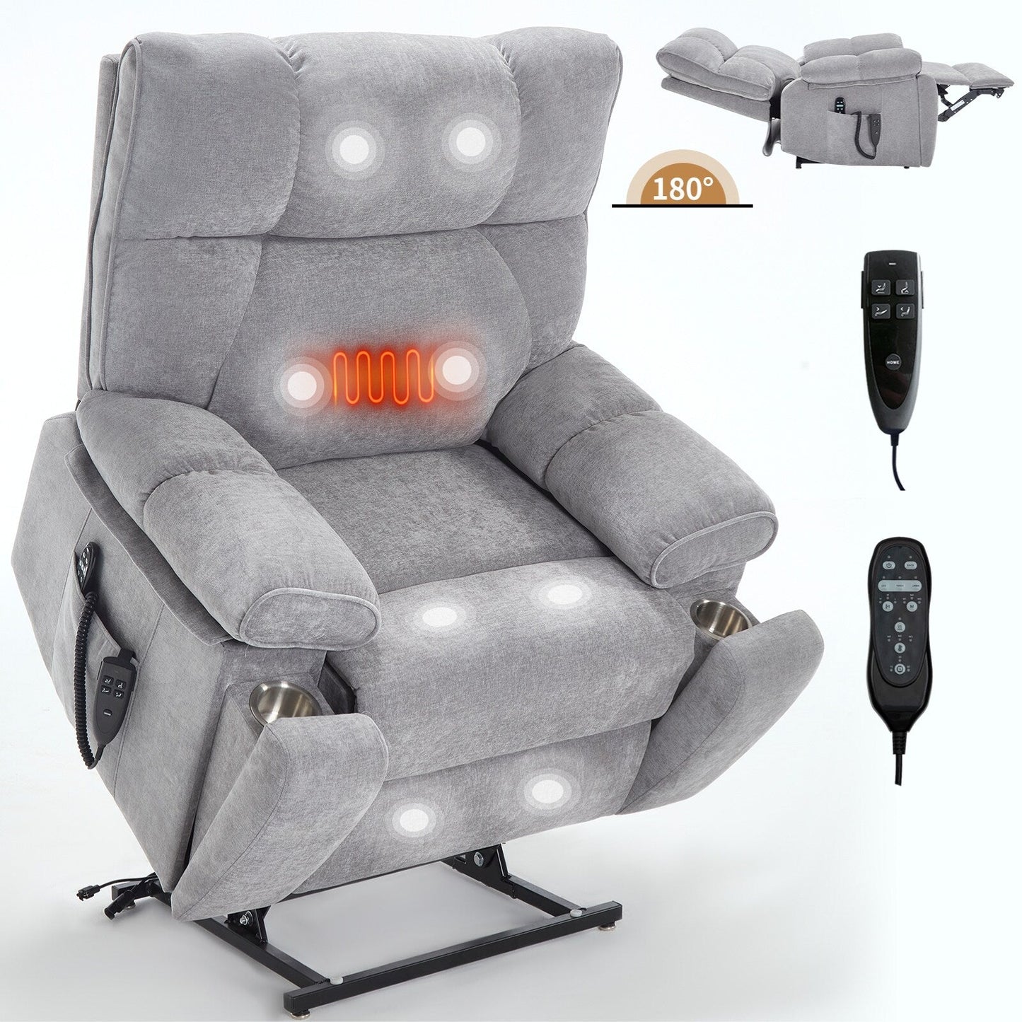 Fauteuil inclinable électrique surdimensionné avec deux moteurs, fonctions de chauffage et de massage, inclinaison infinie, porte-gobelets dissimulés