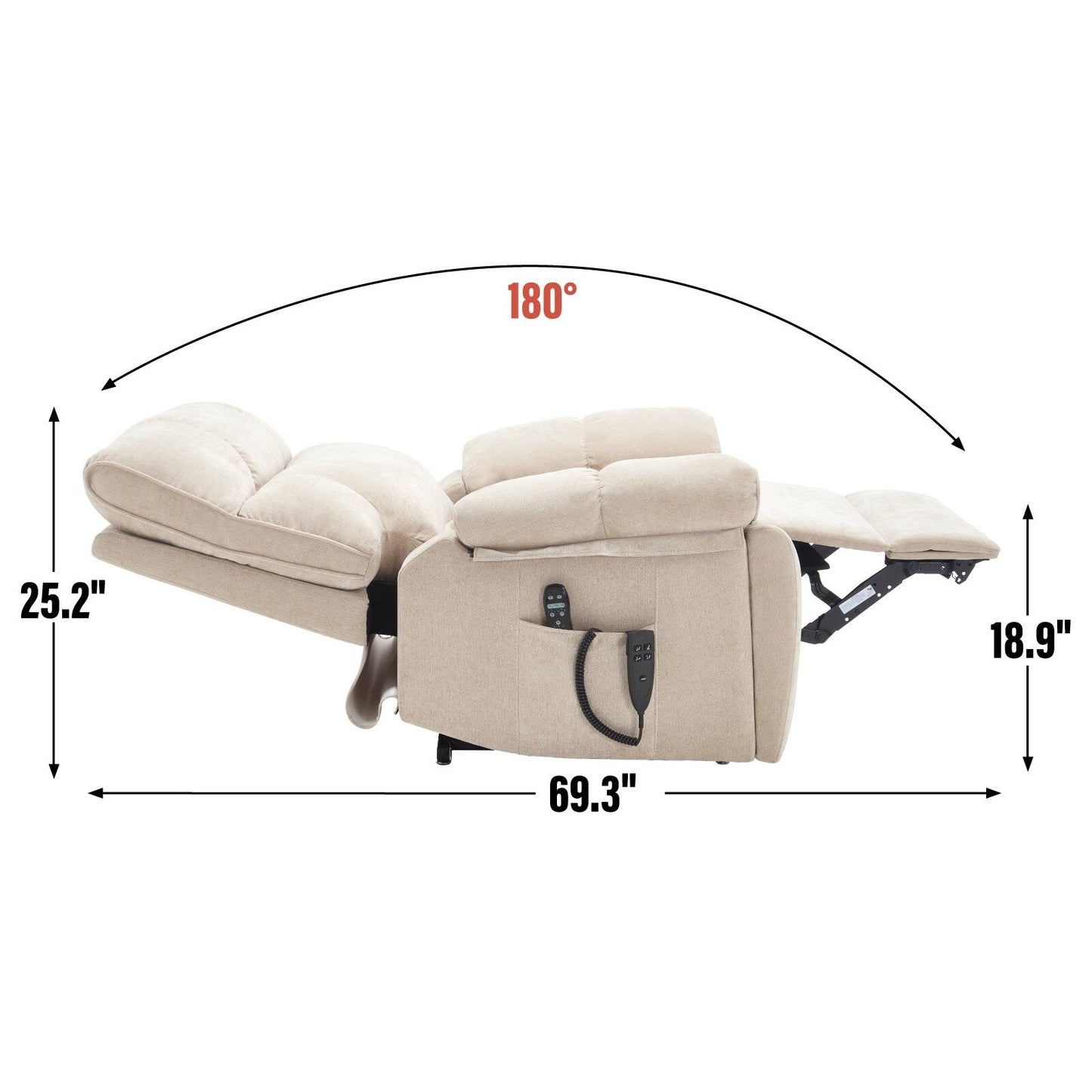 Fauteuil inclinable électrique surdimensionné avec deux moteurs, fonctions de chauffage et de massage, inclinaison infinie, porte-gobelets dissimulés