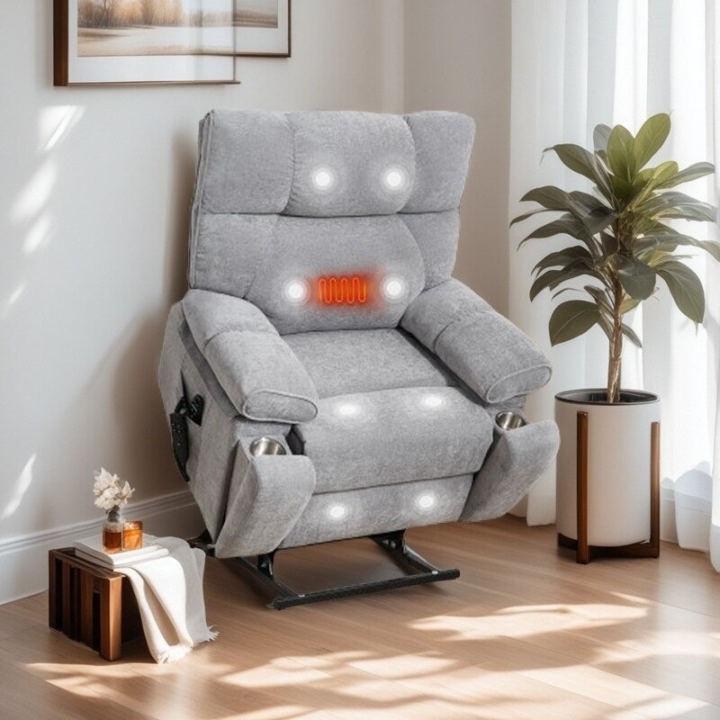 Fauteuil inclinable électrique surdimensionné avec deux moteurs, fonctions de chauffage et de massage, inclinaison infinie, porte-gobelets dissimulés