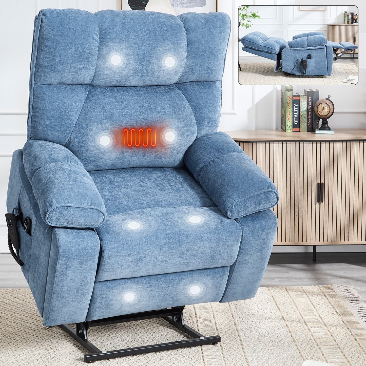 Fauteuil inclinable électrique surdimensionné avec deux moteurs, fonctions de chauffage et de massage, inclinaison infinie, porte-gobelets dissimulés