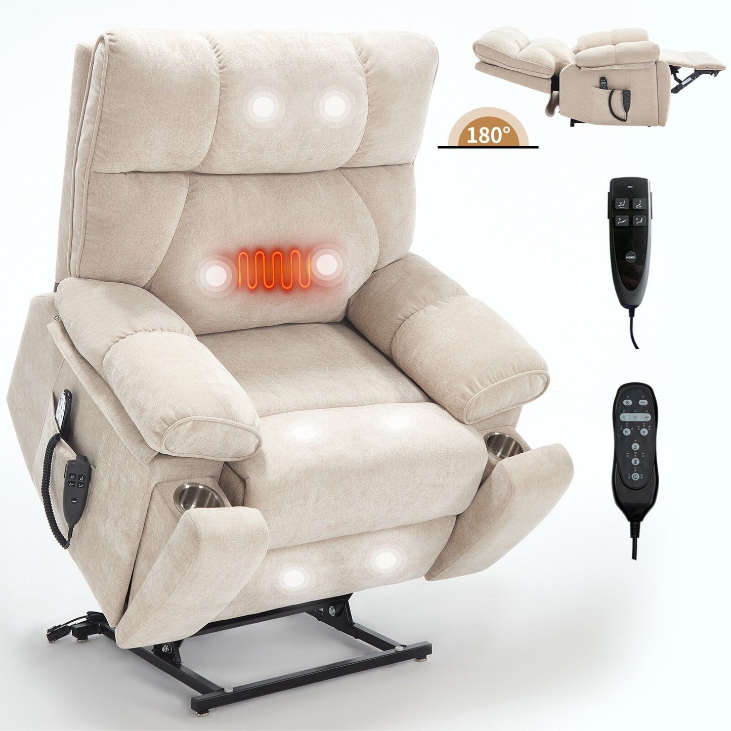 Fauteuil inclinable électrique surdimensionné avec deux moteurs, fonctions de chauffage et de massage, inclinaison infinie, porte-gobelets dissimulés