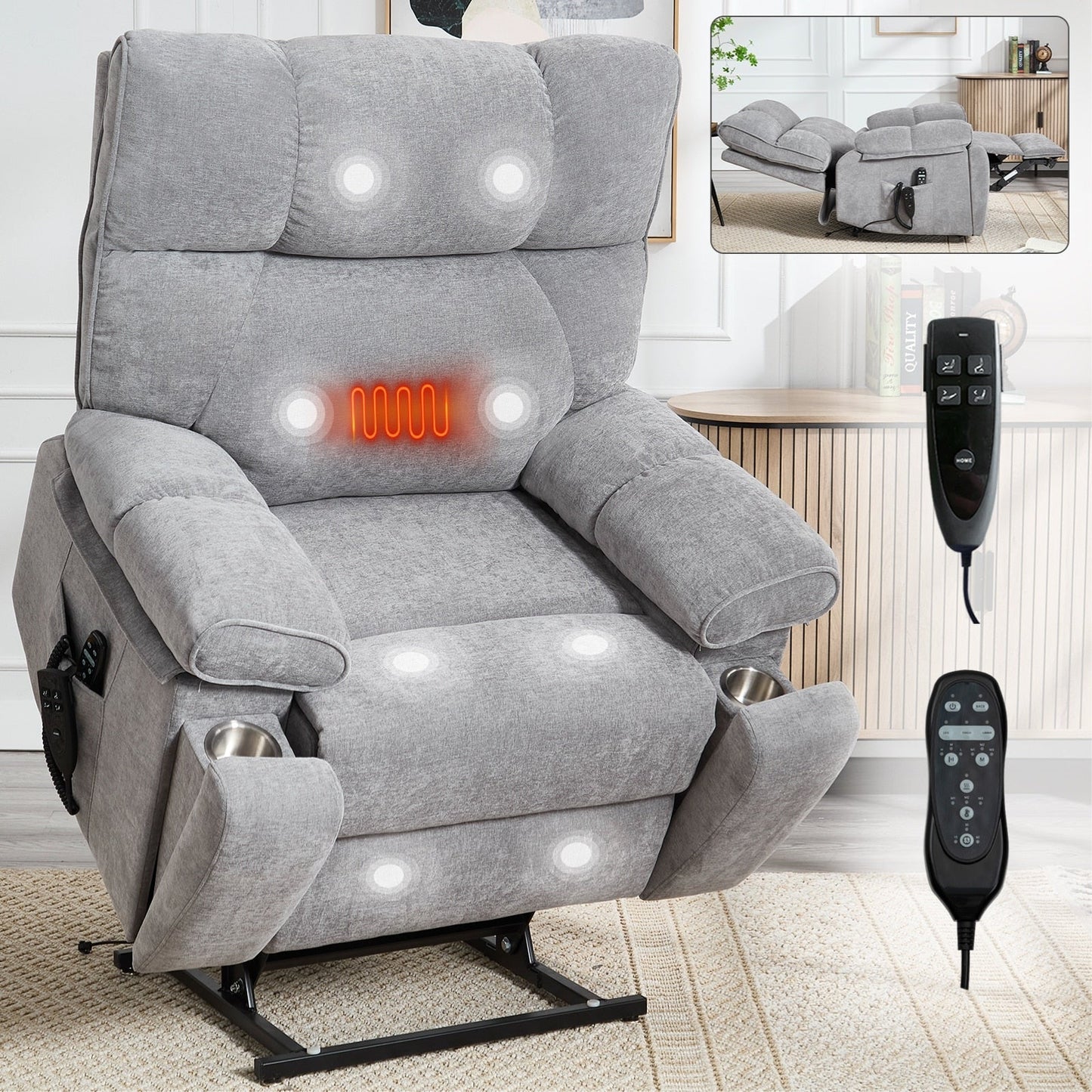 Fauteuil inclinable électrique surdimensionné avec deux moteurs, fonctions de chauffage et de massage, inclinaison infinie, porte-gobelets dissimulés