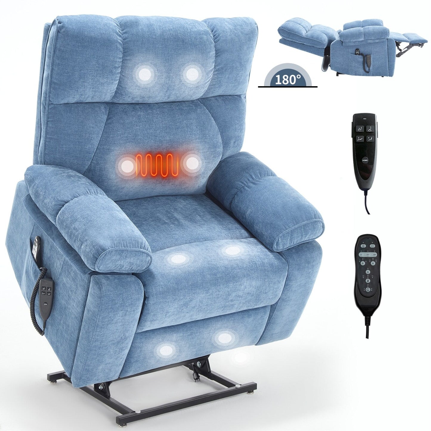 Fauteuil inclinable électrique surdimensionné avec deux moteurs, fonctions de chauffage et de massage, inclinaison infinie, porte-gobelets dissimulés