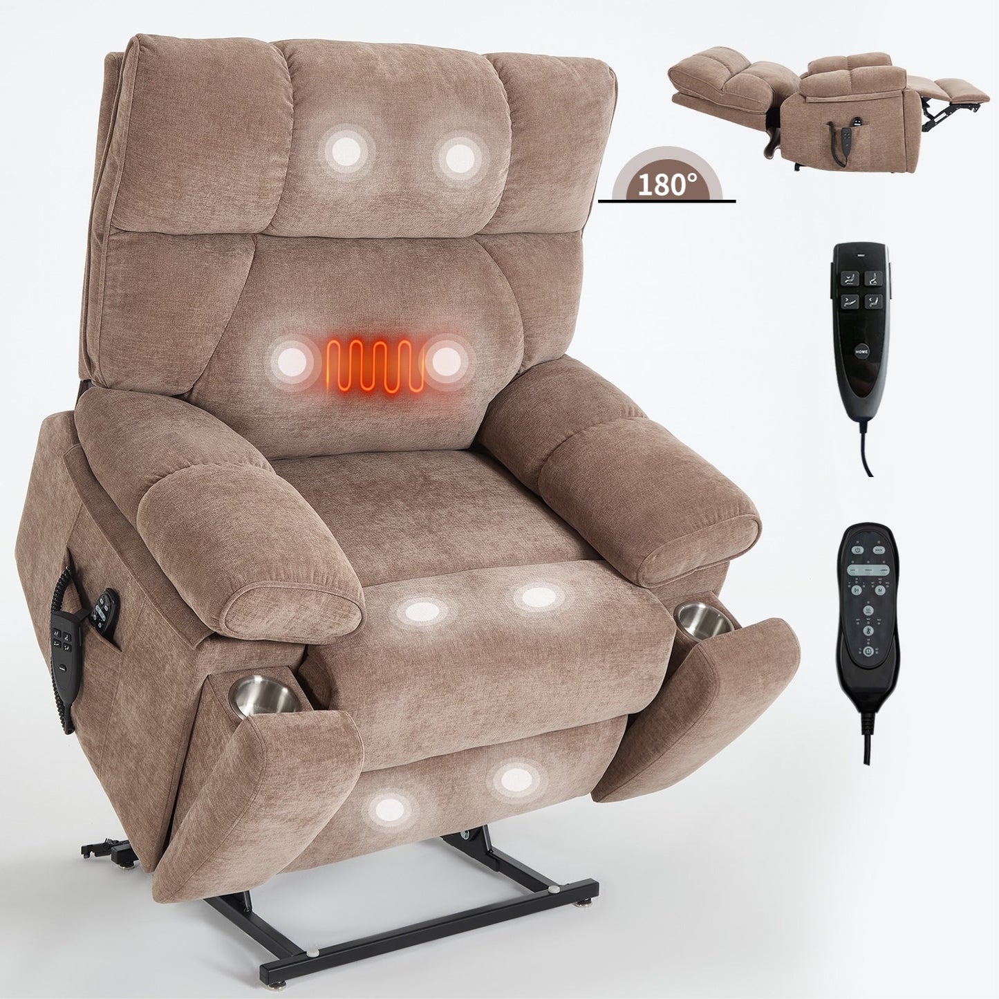 Fauteuil inclinable électrique surdimensionné avec deux moteurs, fonctions de chauffage et de massage, inclinaison infinie, porte-gobelets dissimulés