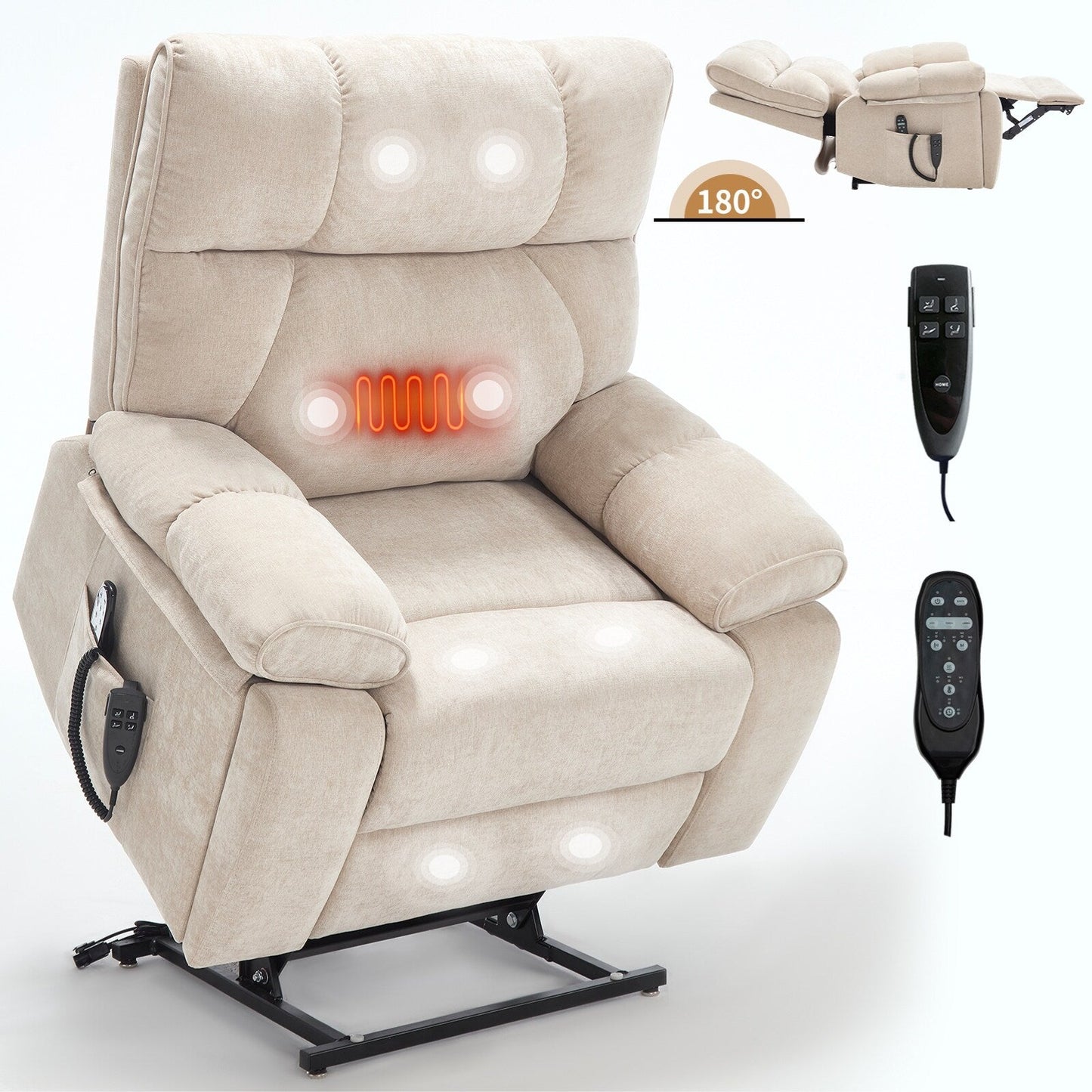 Fauteuil inclinable électrique surdimensionné avec deux moteurs, fonctions de chauffage et de massage, inclinaison infinie, porte-gobelets dissimulés