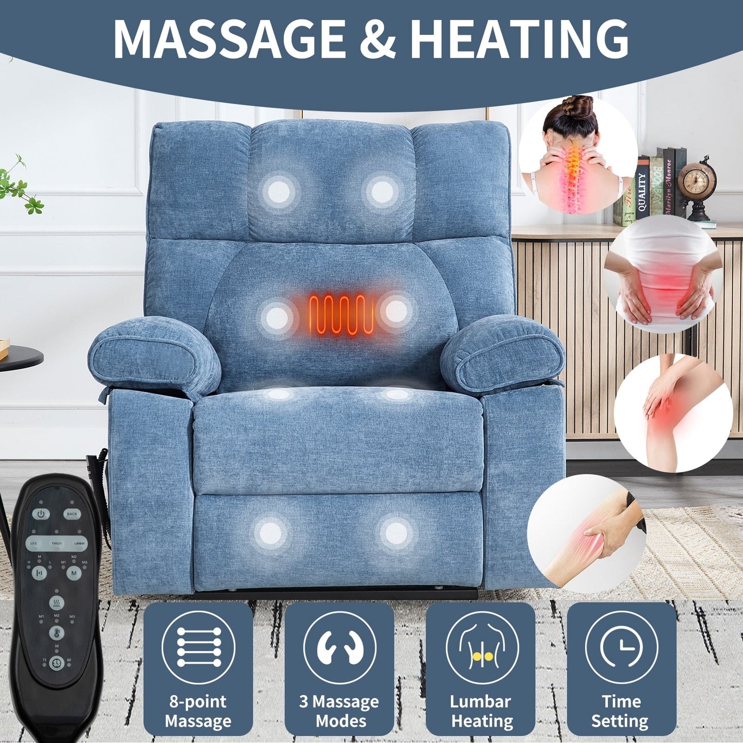 Fauteuil inclinable électrique surdimensionné avec deux moteurs, fonctions de chauffage et de massage, inclinaison infinie, porte-gobelets dissimulés