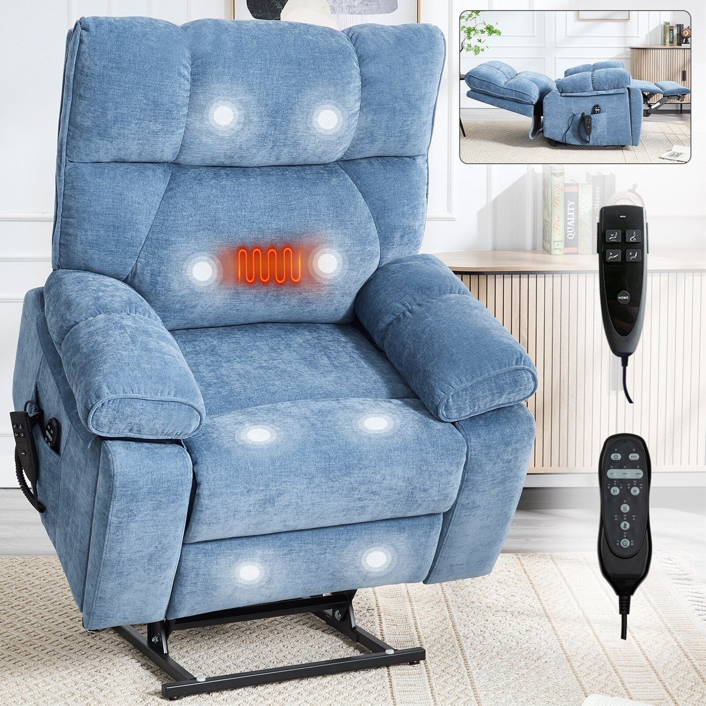 Fauteuil inclinable électrique surdimensionné avec deux moteurs, fonctions de chauffage et de massage, inclinaison infinie, porte-gobelets dissimulés