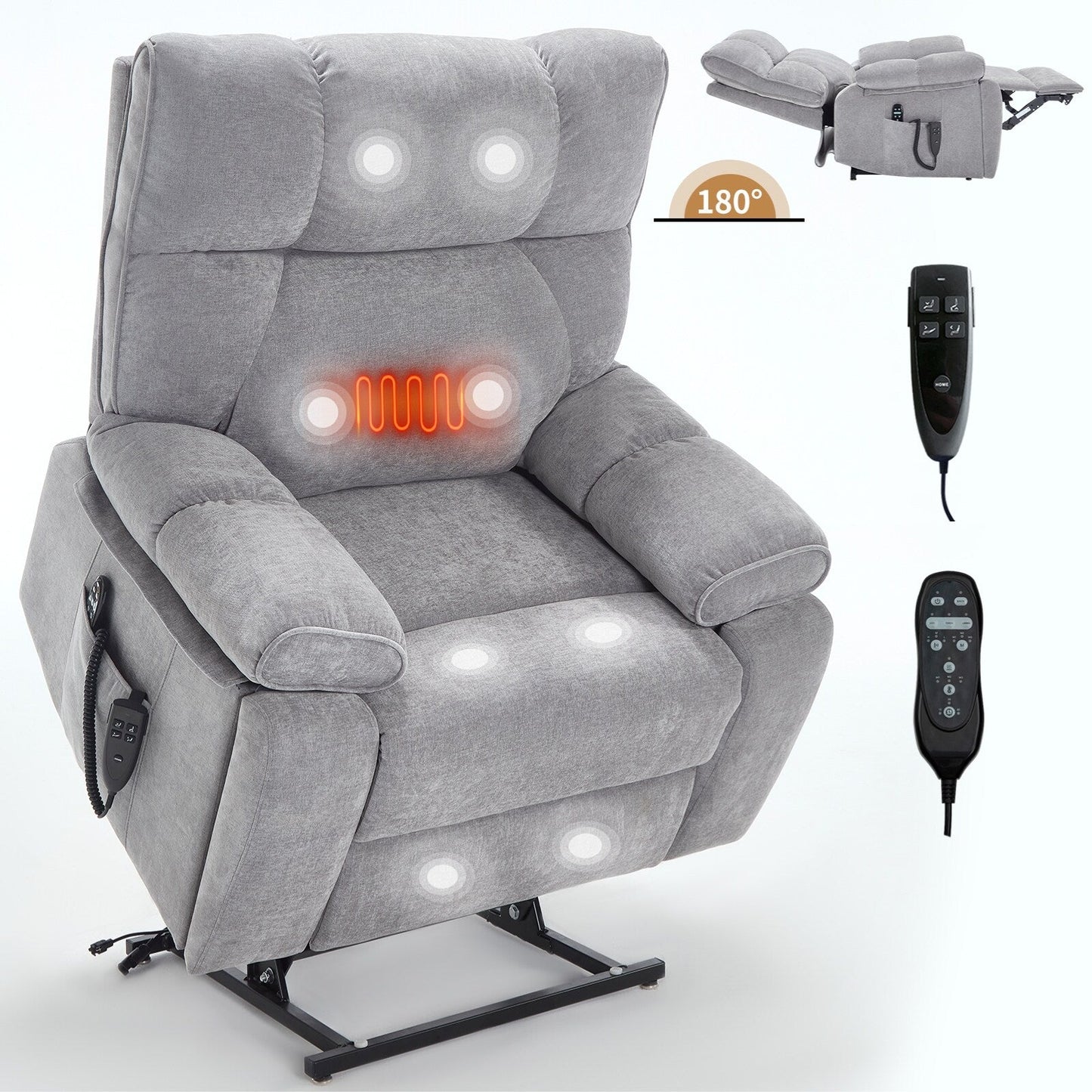Fauteuil inclinable électrique surdimensionné avec deux moteurs, fonctions de chauffage et de massage, inclinaison infinie, porte-gobelets dissimulés