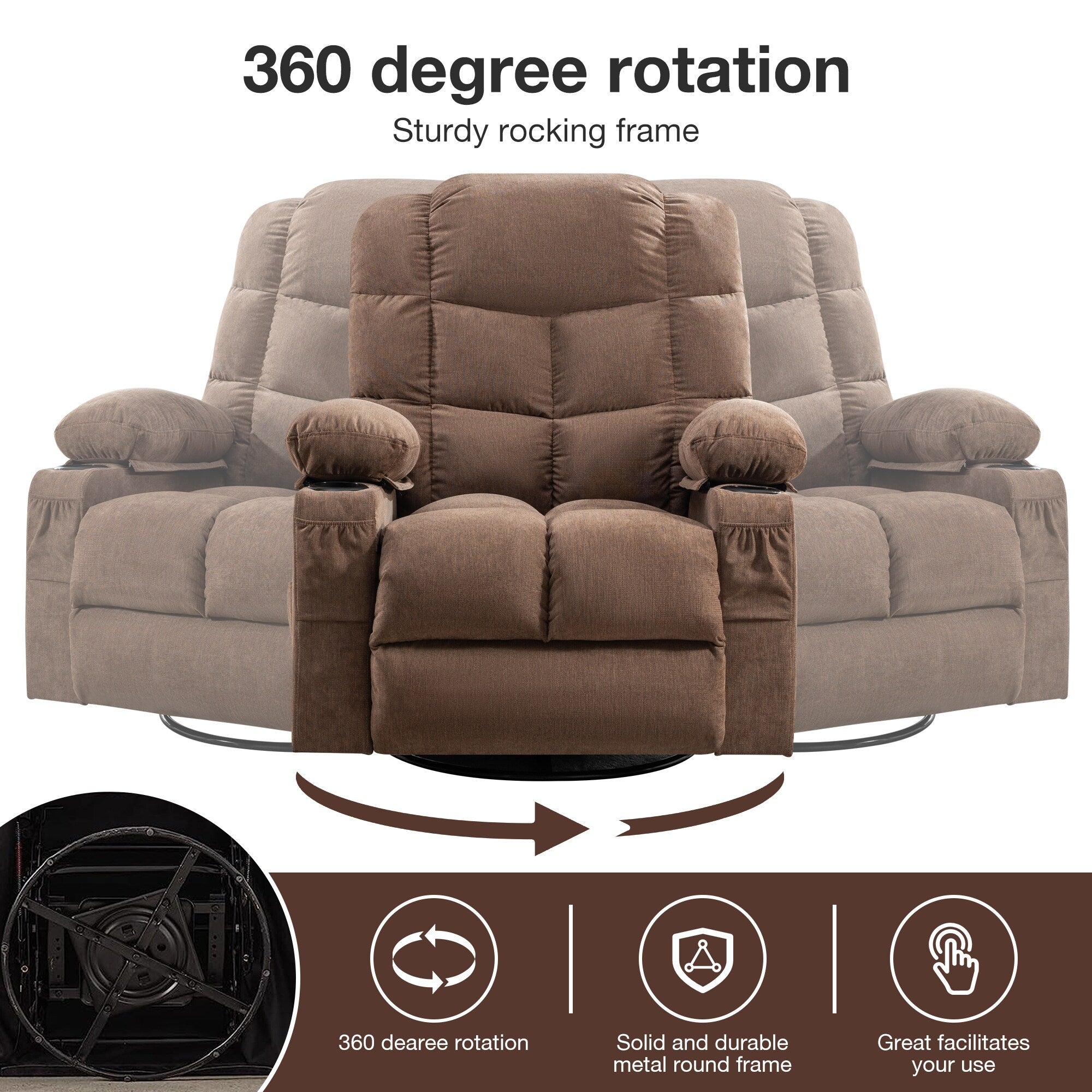 Fauteuil inclinable à bascule surdimensionné avec massage et chauffage, 2 porte-gobelets, port de chargement USB, inclinaison à 150° et fonction bascule à 30°