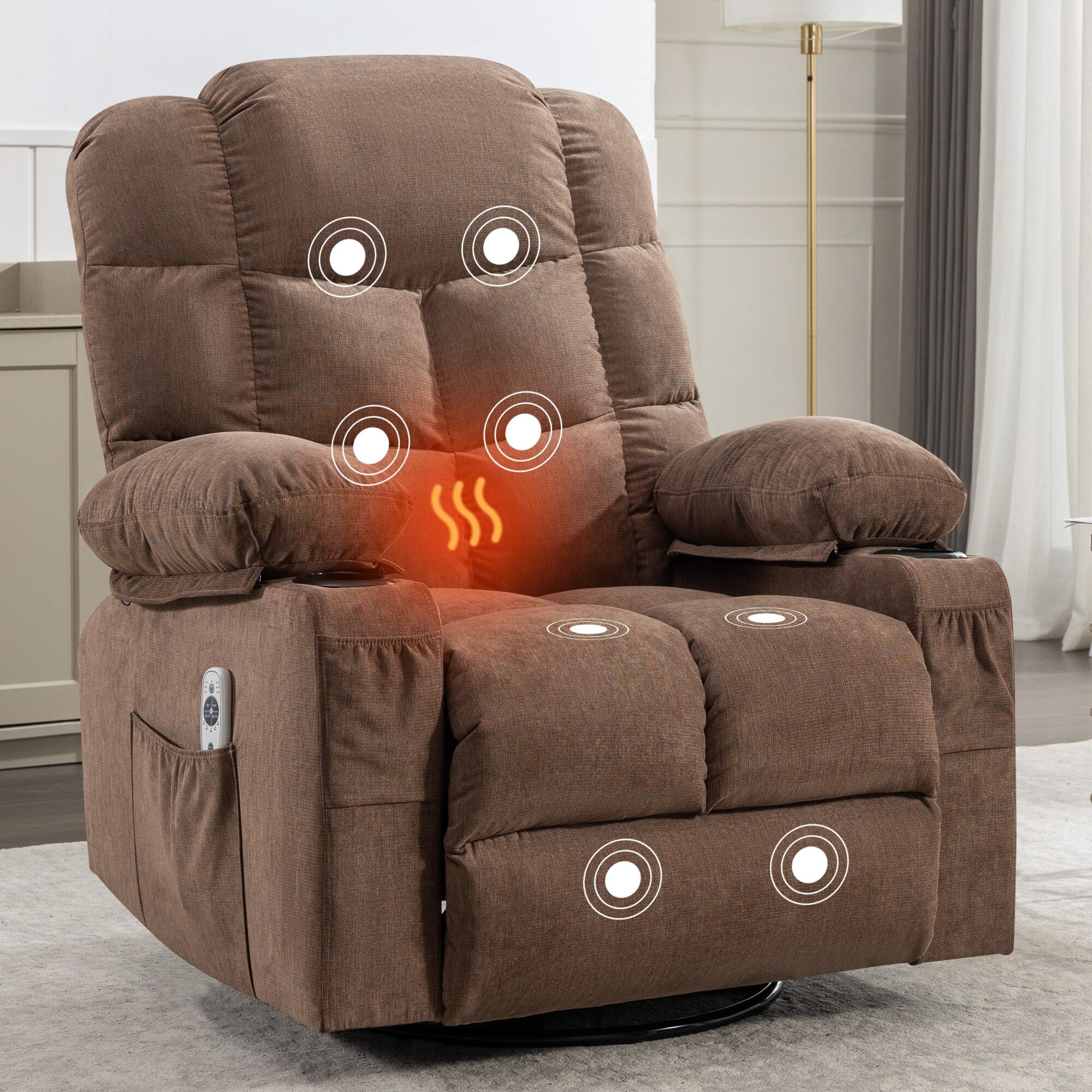 Fauteuil inclinable à bascule surdimensionné avec massage et chauffage, 2 porte-gobelets, port de chargement USB, inclinaison à 150° et fonction bascule à 30°