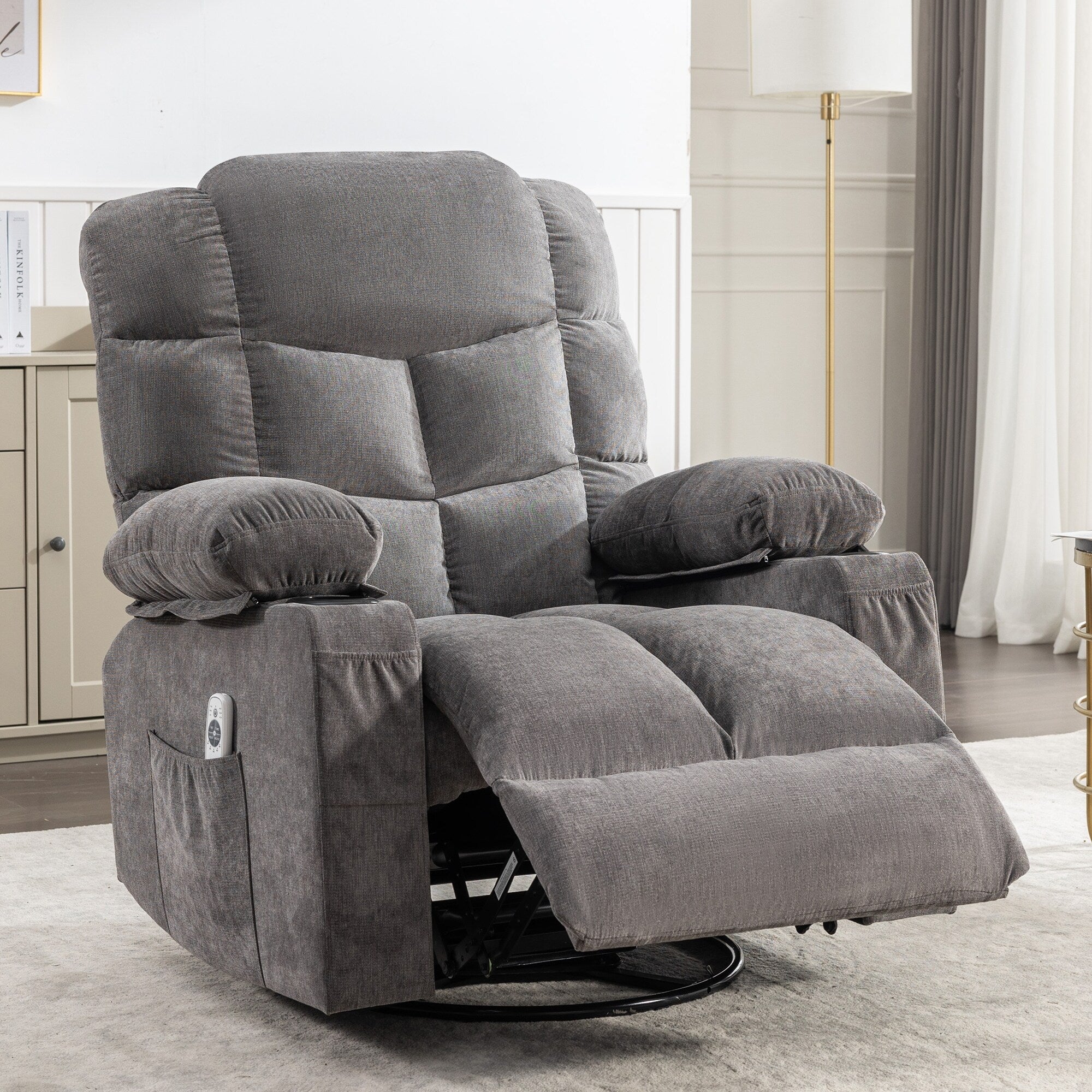 Fauteuil inclinable à bascule surdimensionné avec massage et chauffage, 2 porte-gobelets, port de chargement USB, inclinaison à 150° et fonction bascule à 30°