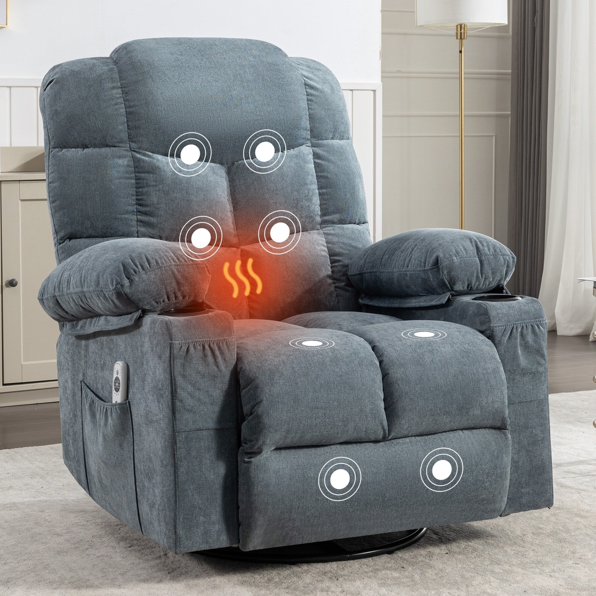 Fauteuil inclinable à bascule surdimensionné avec massage et chauffage, 2 porte-gobelets, port de chargement USB, inclinaison à 150° et fonction bascule à 30°