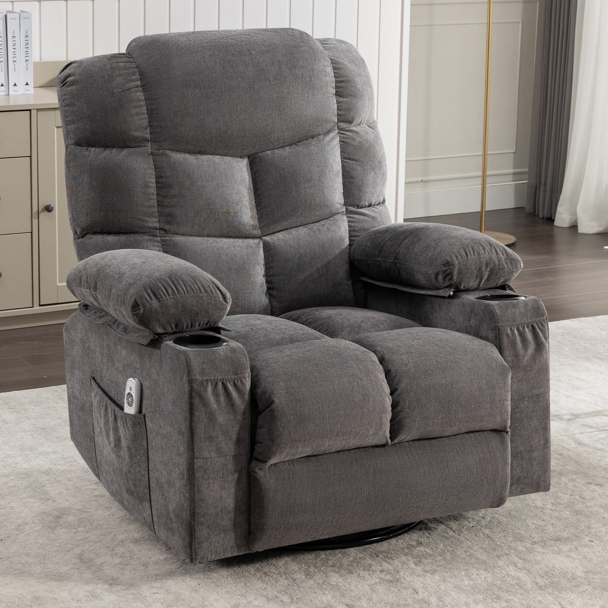Fauteuil inclinable à bascule surdimensionné avec massage et chauffage, 2 porte-gobelets, port de chargement USB, inclinaison à 150° et fonction bascule à 30°