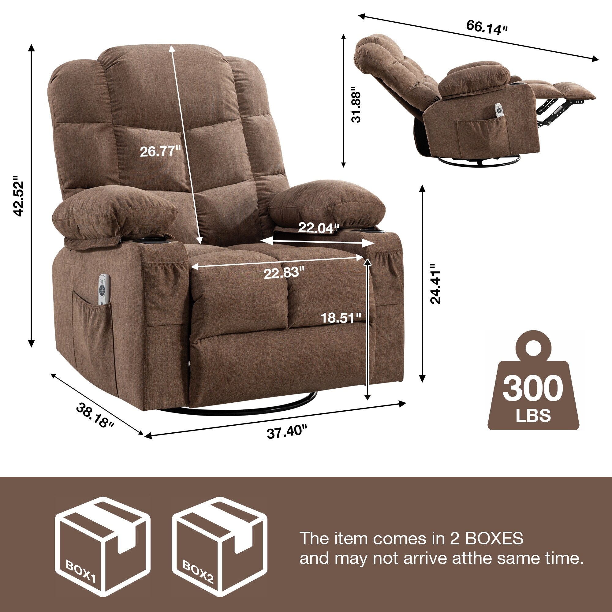 Fauteuil inclinable à bascule surdimensionné avec massage et chauffage, 2 porte-gobelets, port de chargement USB, inclinaison à 150° et fonction bascule à 30°