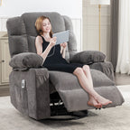 Fauteuil inclinable à bascule surdimensionné avec massage et chauffage, 2 porte-gobelets, port de chargement USB, inclinaison à 150° et fonction bascule à 30°