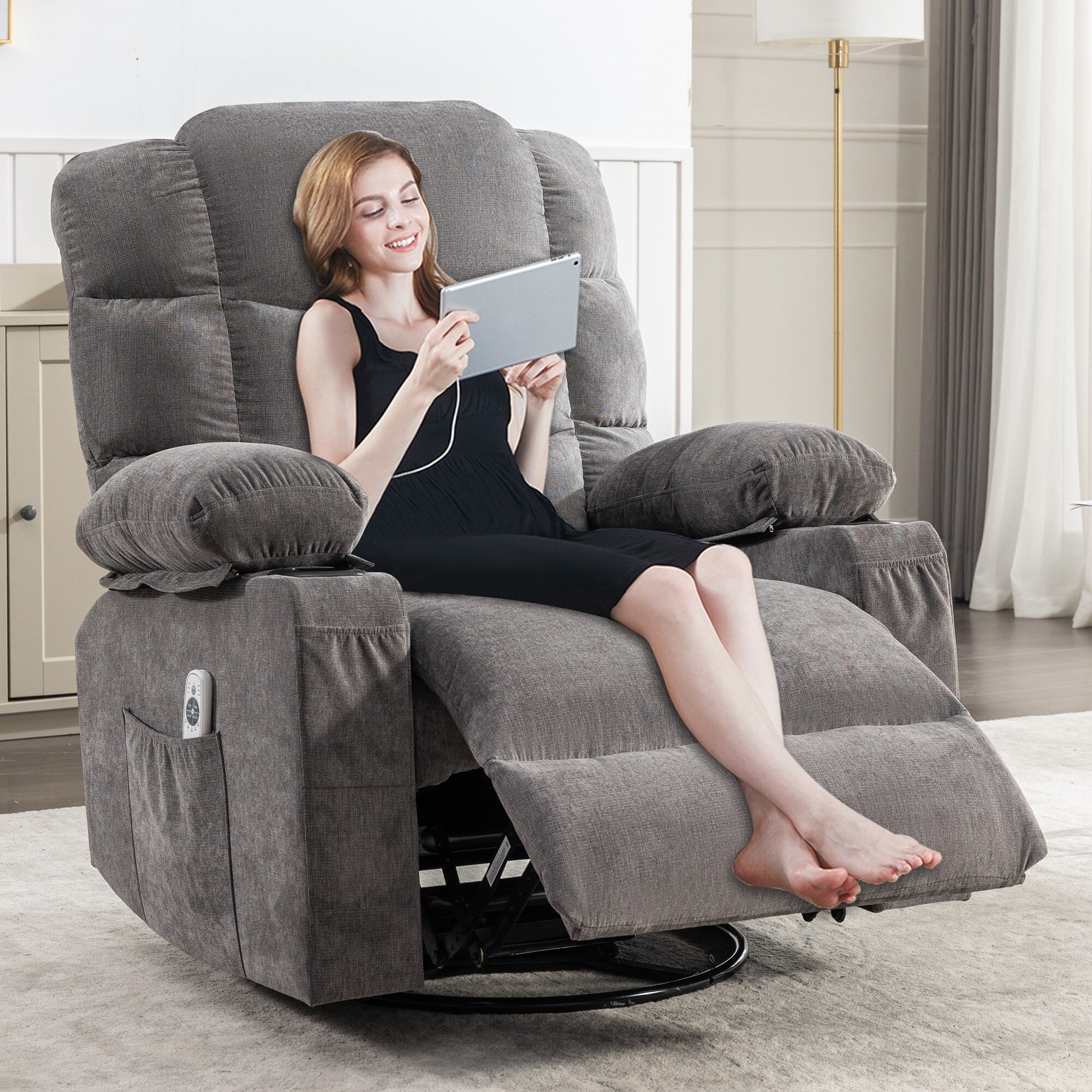Fauteuil inclinable à bascule surdimensionné avec massage et chauffage, 2 porte-gobelets, port de chargement USB, inclinaison à 150° et fonction bascule à 30°