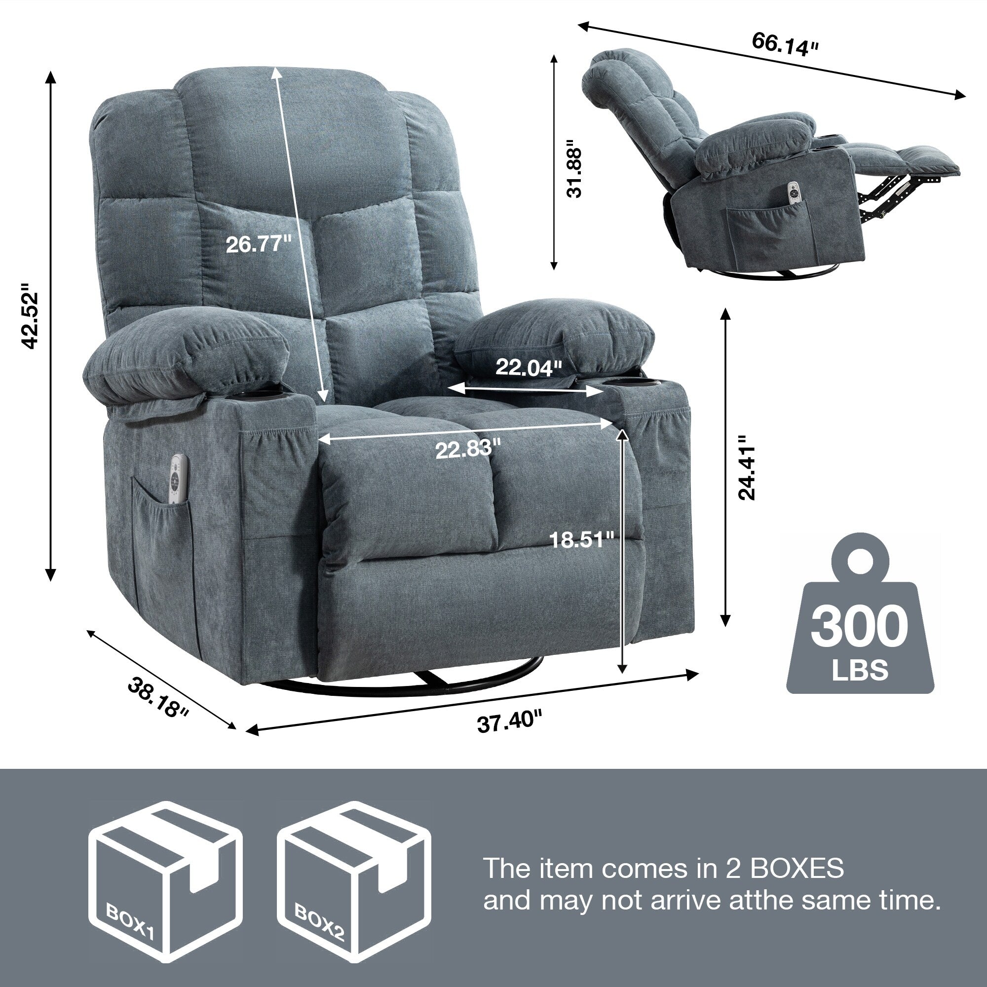 Fauteuil inclinable à bascule surdimensionné avec massage et chauffage, 2 porte-gobelets, port de chargement USB, inclinaison à 150° et fonction bascule à 30°