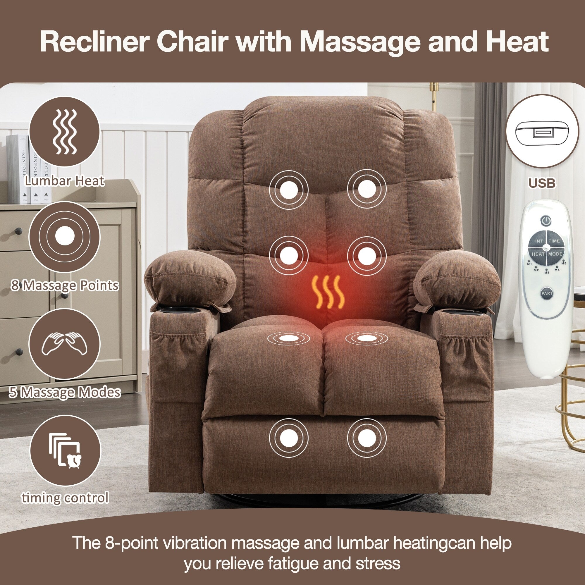 Fauteuil inclinable à bascule surdimensionné avec massage et chauffage, 2 porte-gobelets, port de chargement USB, inclinaison à 150° et fonction bascule à 30°