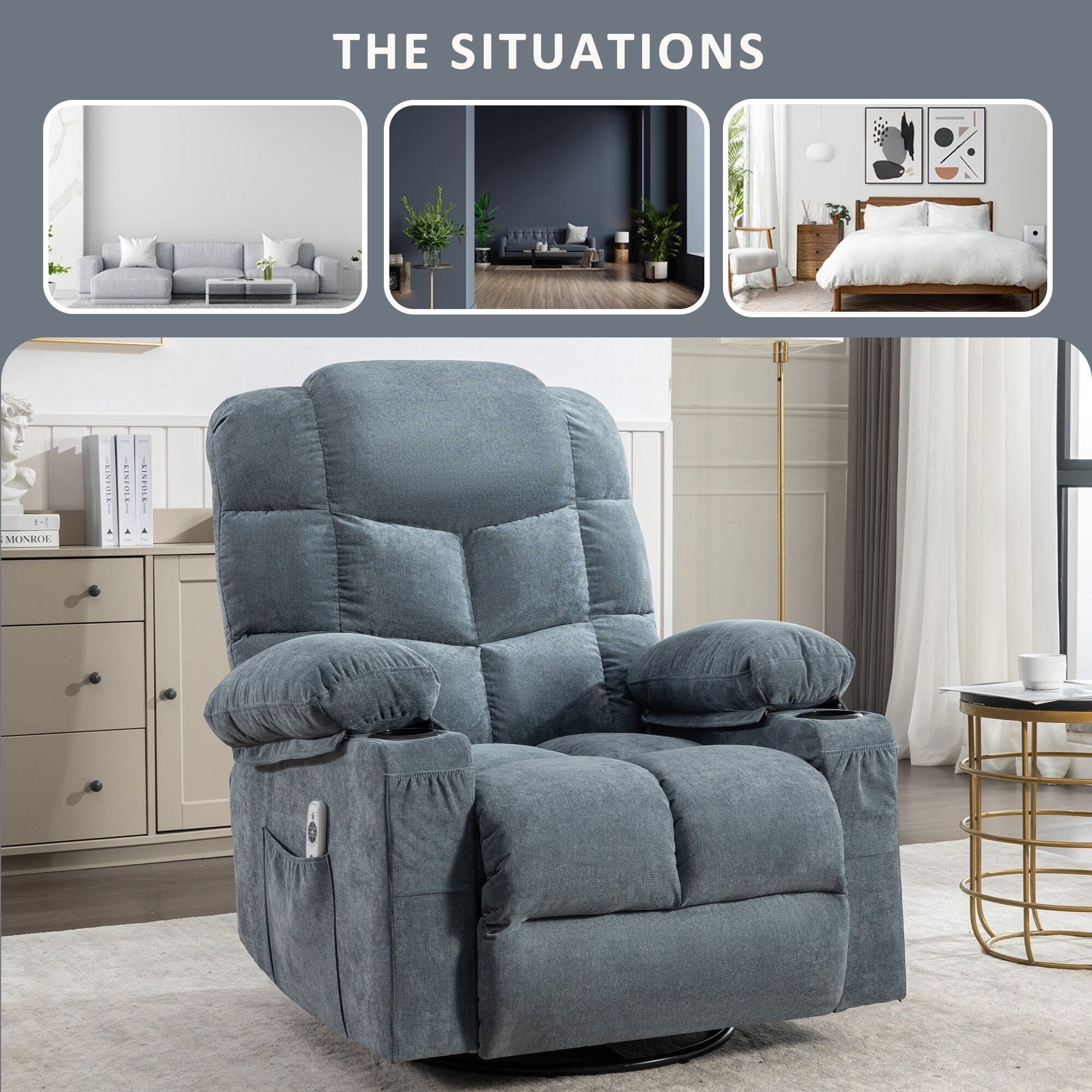 Fauteuil inclinable à bascule surdimensionné avec massage et chauffage, 2 porte-gobelets, port de chargement USB, inclinaison à 150° et fonction bascule à 30°