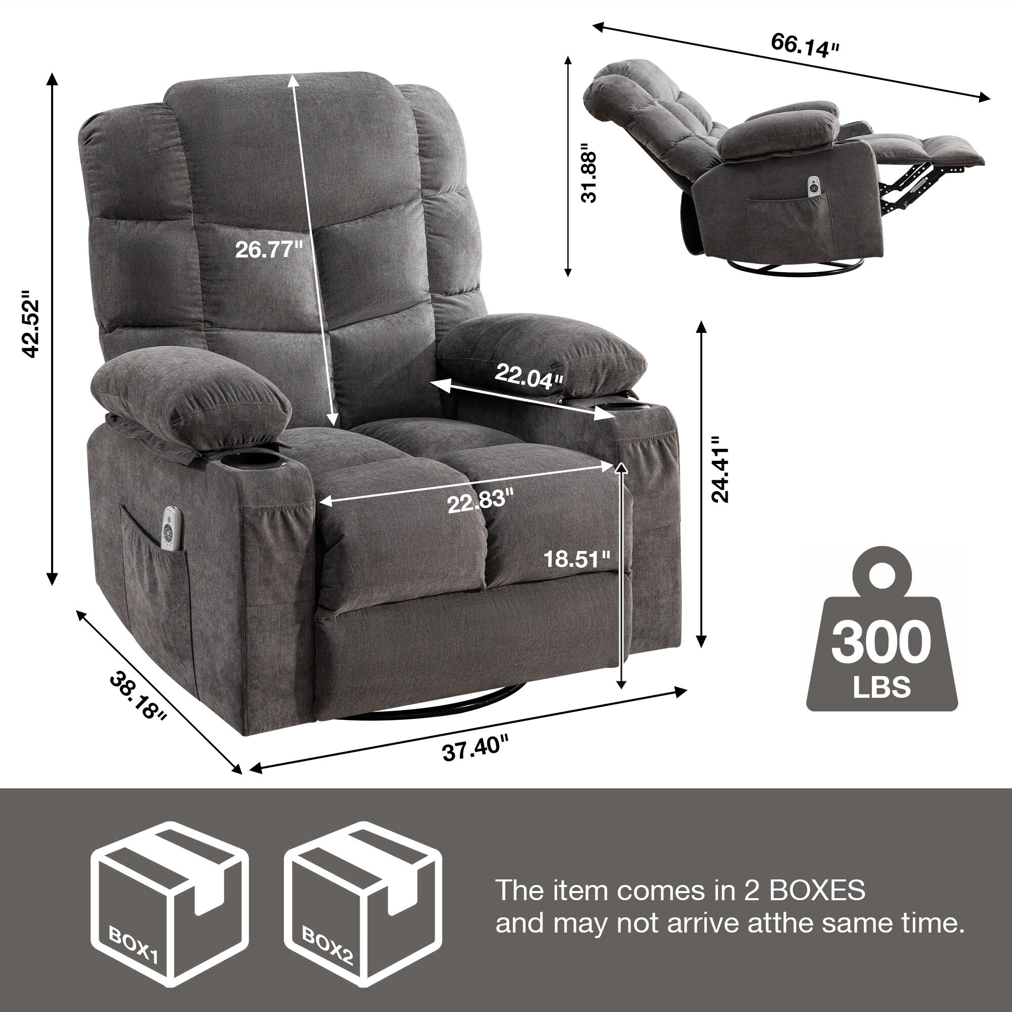 Fauteuil inclinable à bascule surdimensionné avec massage et chauffage, 2 porte-gobelets, port de chargement USB, inclinaison à 150° et fonction bascule à 30°