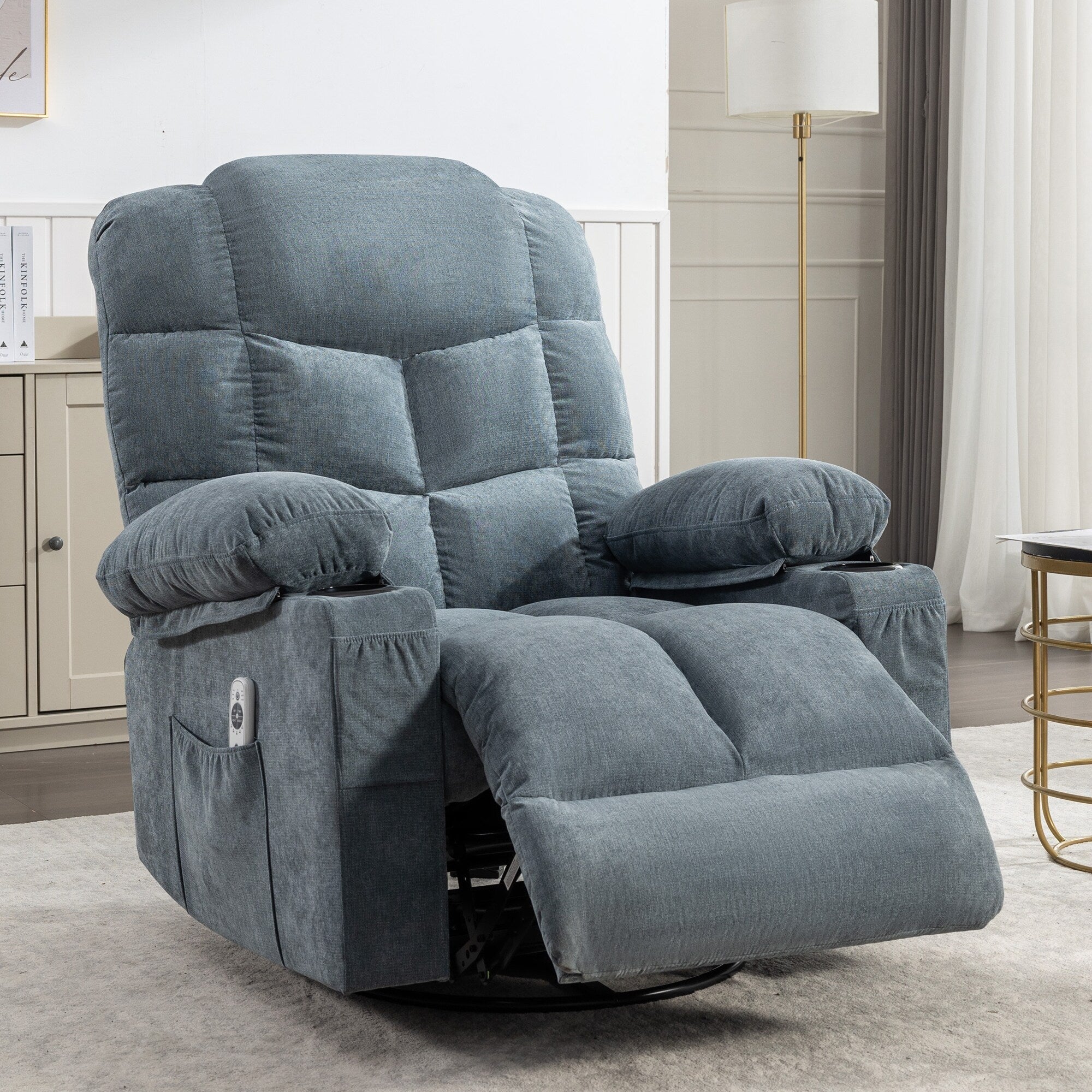 Fauteuil inclinable à bascule surdimensionné avec massage et chauffage, 2 porte-gobelets, port de chargement USB, inclinaison à 150° et fonction bascule à 30°