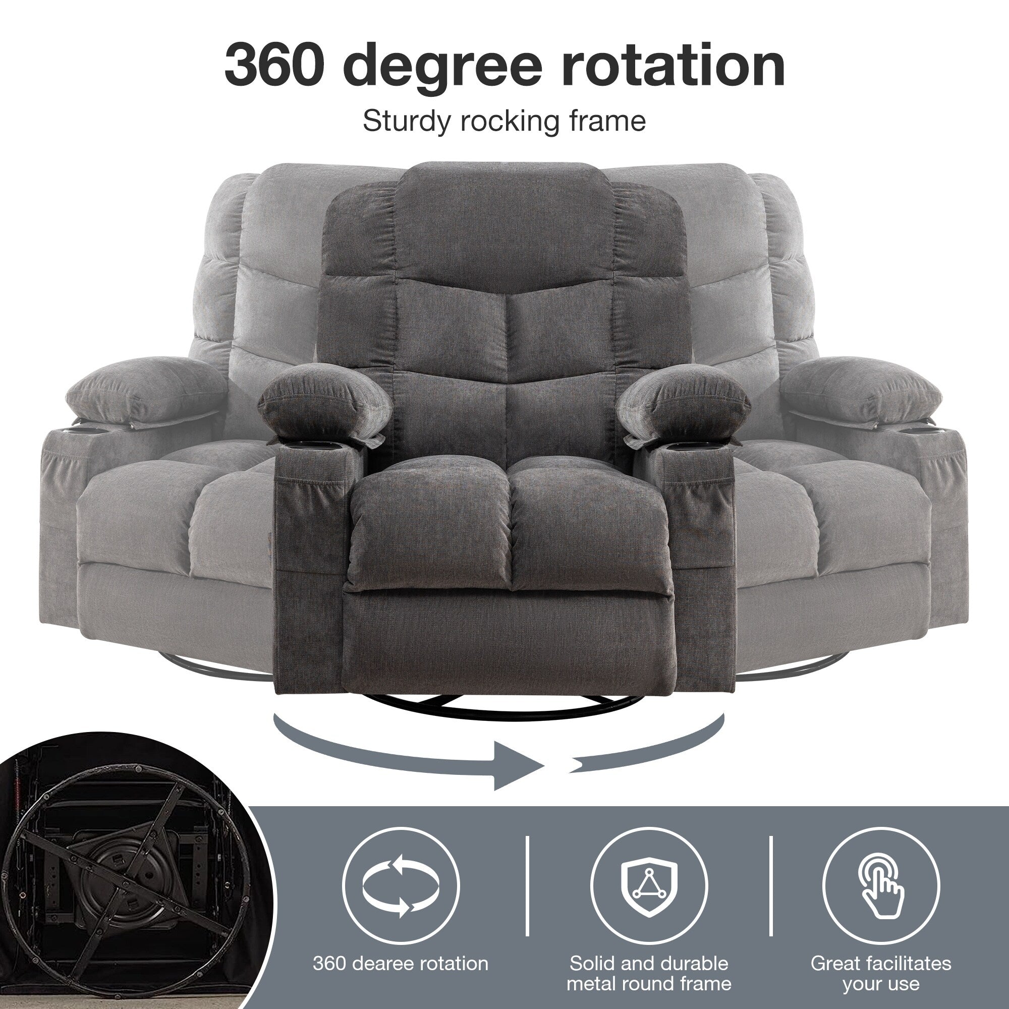 Fauteuil inclinable à bascule surdimensionné avec massage et chauffage, 2 porte-gobelets, port de chargement USB, inclinaison à 150° et fonction bascule à 30°