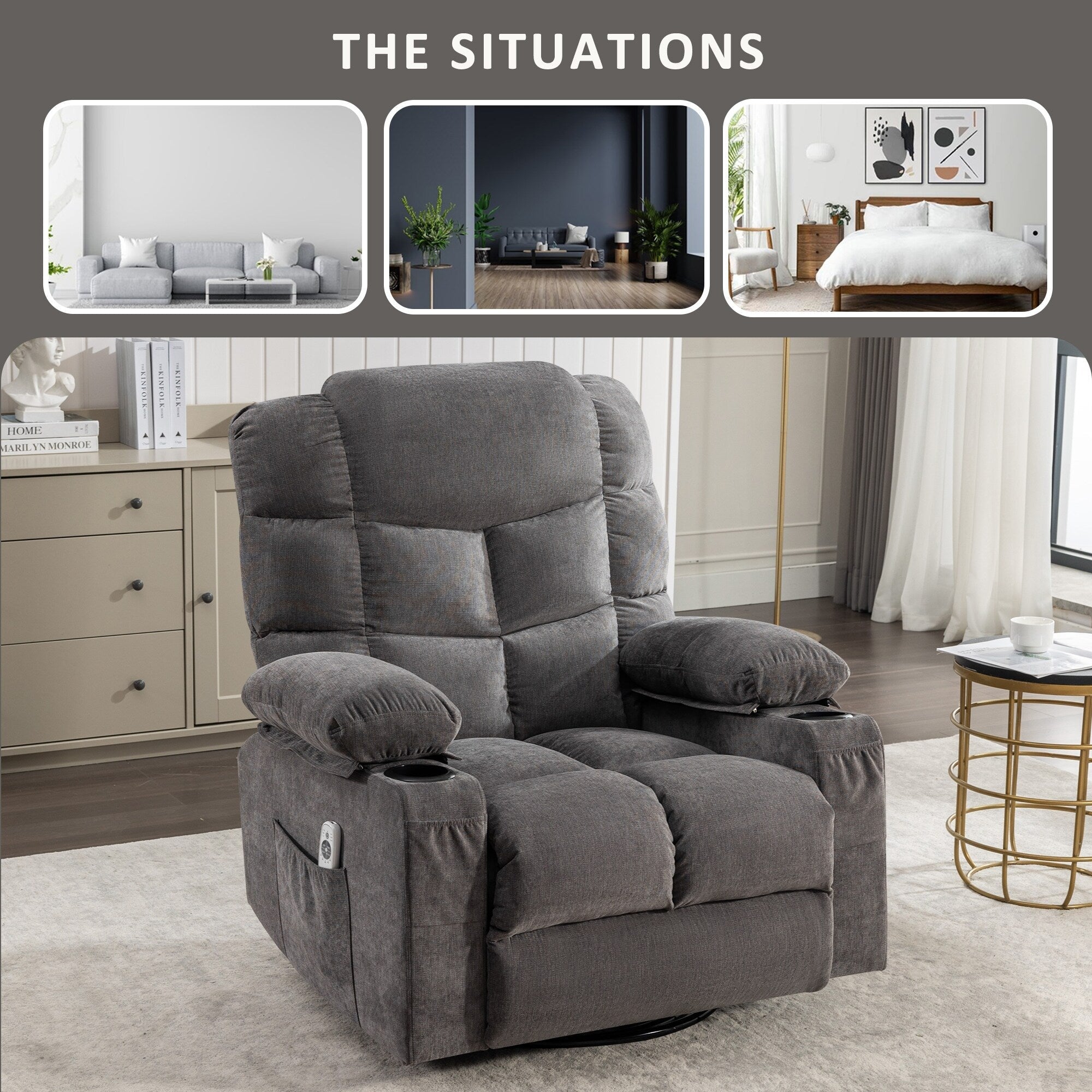 Fauteuil inclinable à bascule surdimensionné avec massage et chauffage, 2 porte-gobelets, port de chargement USB, inclinaison à 150° et fonction bascule à 30°