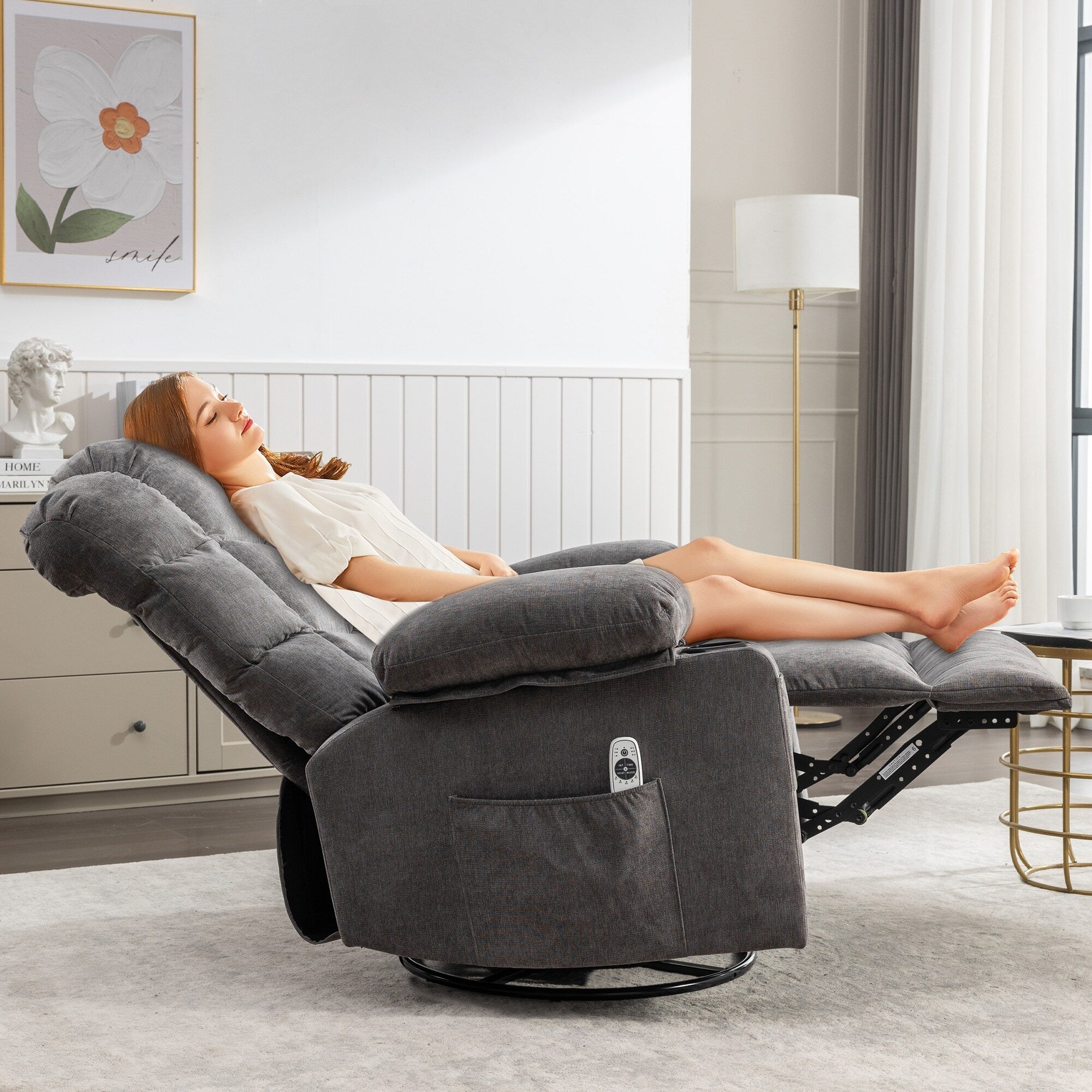 Fauteuil inclinable à bascule surdimensionné avec massage et chauffage, 2 porte-gobelets, port de chargement USB, inclinaison à 150° et fonction bascule à 30°