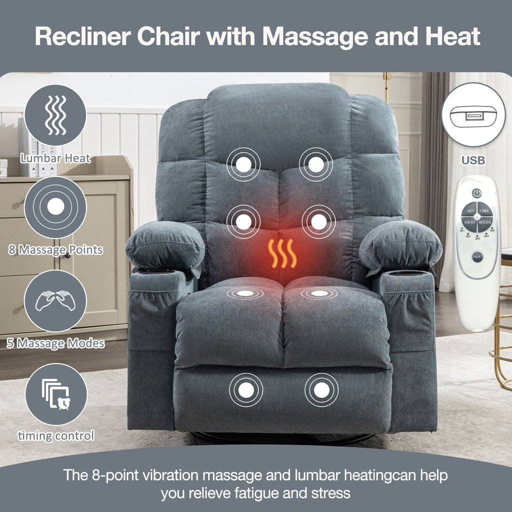 Fauteuil inclinable à bascule surdimensionné avec massage et chauffage, 2 porte-gobelets, port de chargement USB, inclinaison à 150° et fonction bascule à 30°