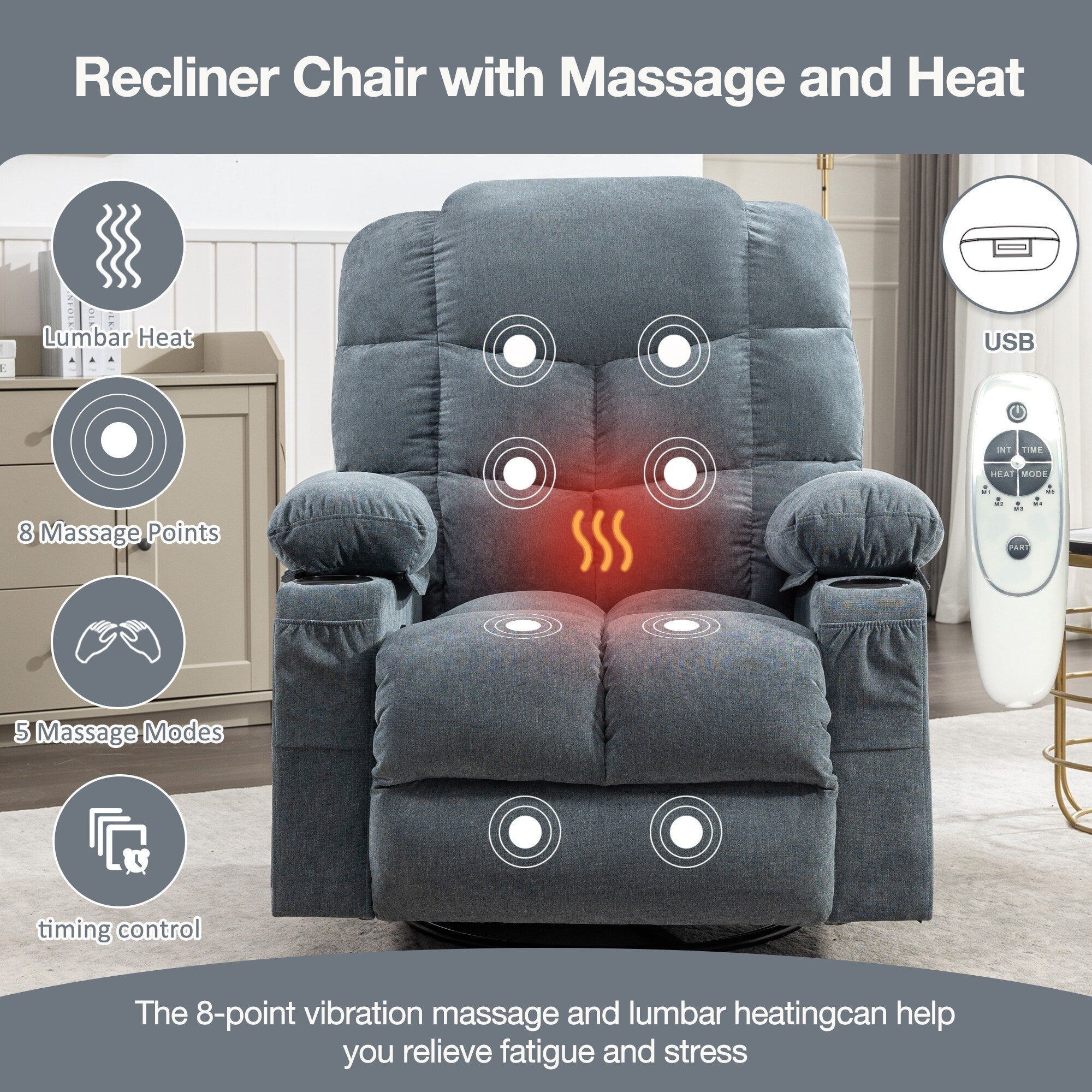 Fauteuil inclinable à bascule surdimensionné avec massage et chauffage, 2 porte-gobelets, port de chargement USB, inclinaison à 150° et fonction bascule à 30°