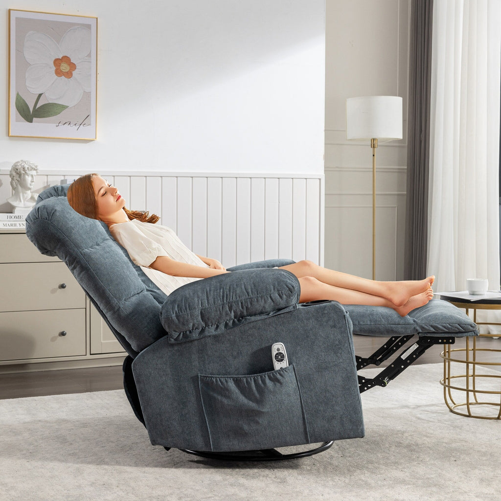 Fauteuil inclinable à bascule surdimensionné avec massage et chauffage, 2 porte-gobelets, port de chargement USB, inclinaison à 150° et fonction bascule à 30°
