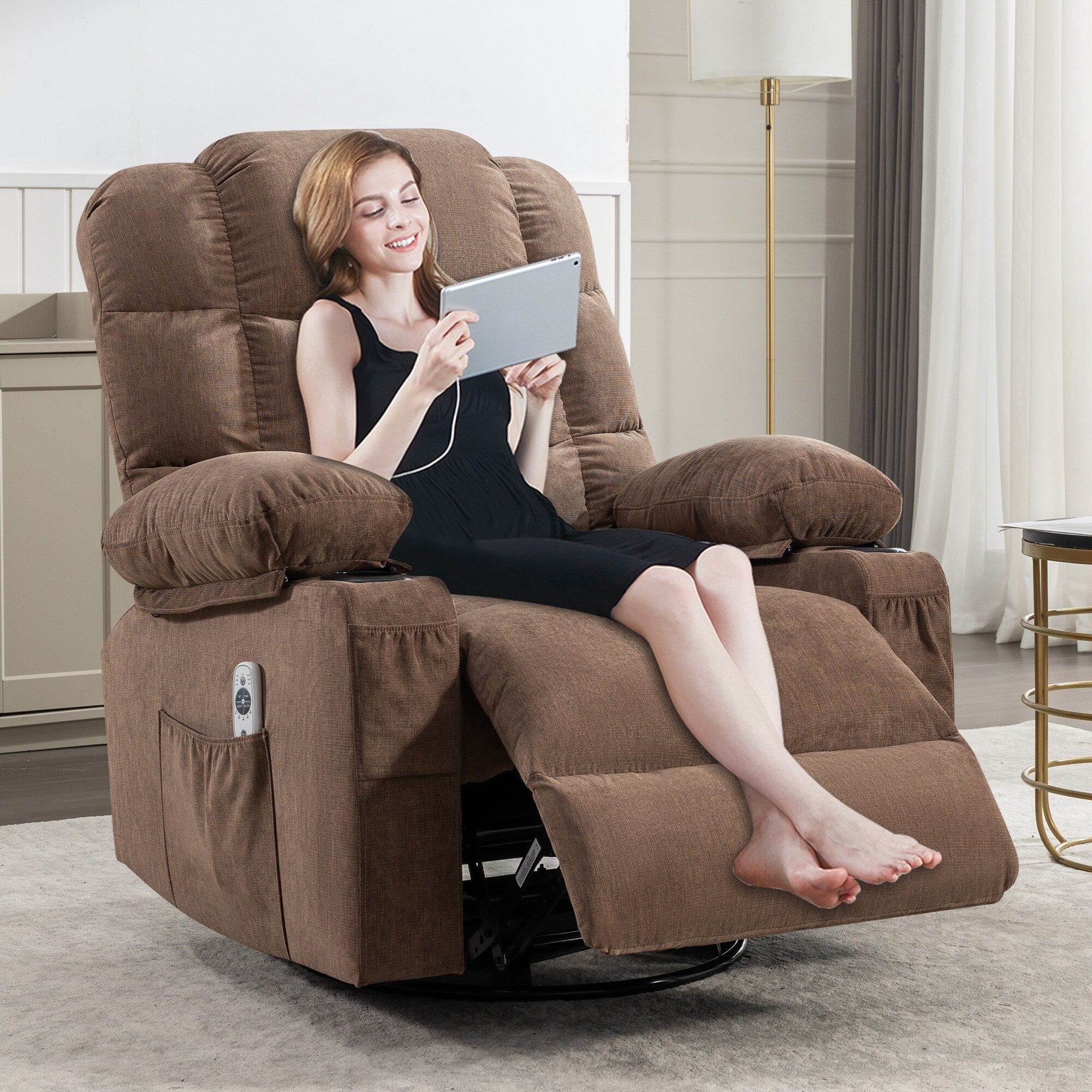 Fauteuil inclinable à bascule surdimensionné avec massage et chauffage, 2 porte-gobelets, port de chargement USB, inclinaison à 150° et fonction bascule à 30°