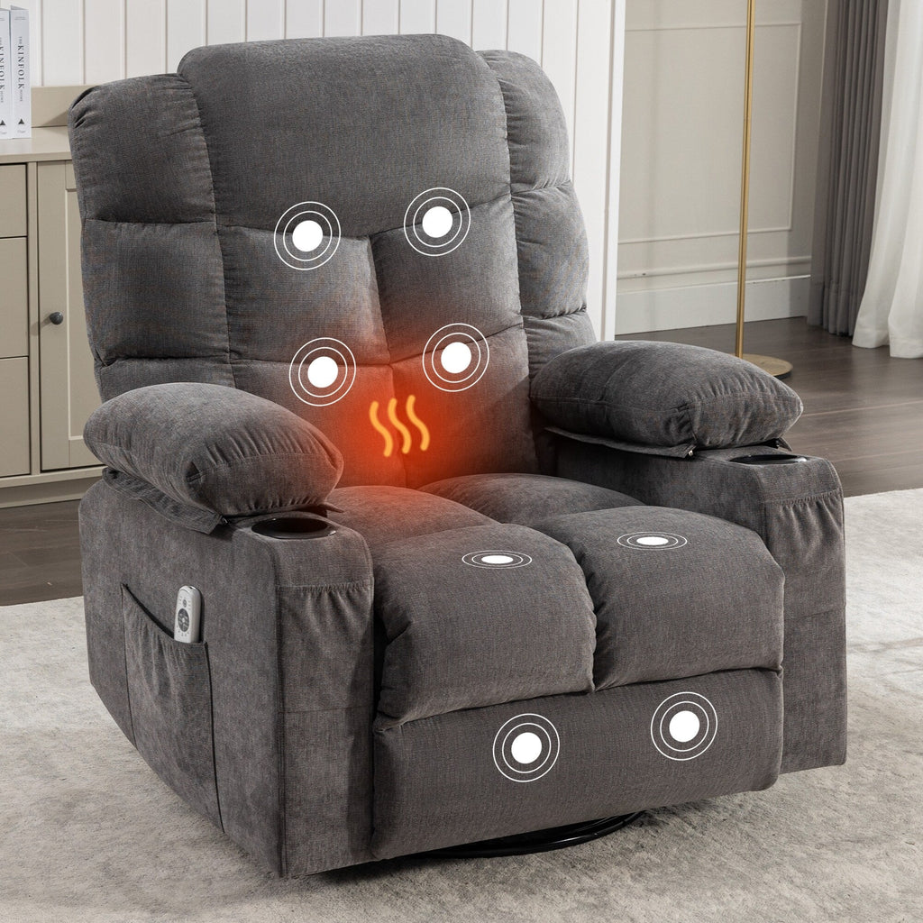 Fauteuil inclinable à bascule surdimensionné avec massage et chauffage, 2 porte-gobelets, port de chargement USB, inclinaison à 150° et fonction bascule à 30°