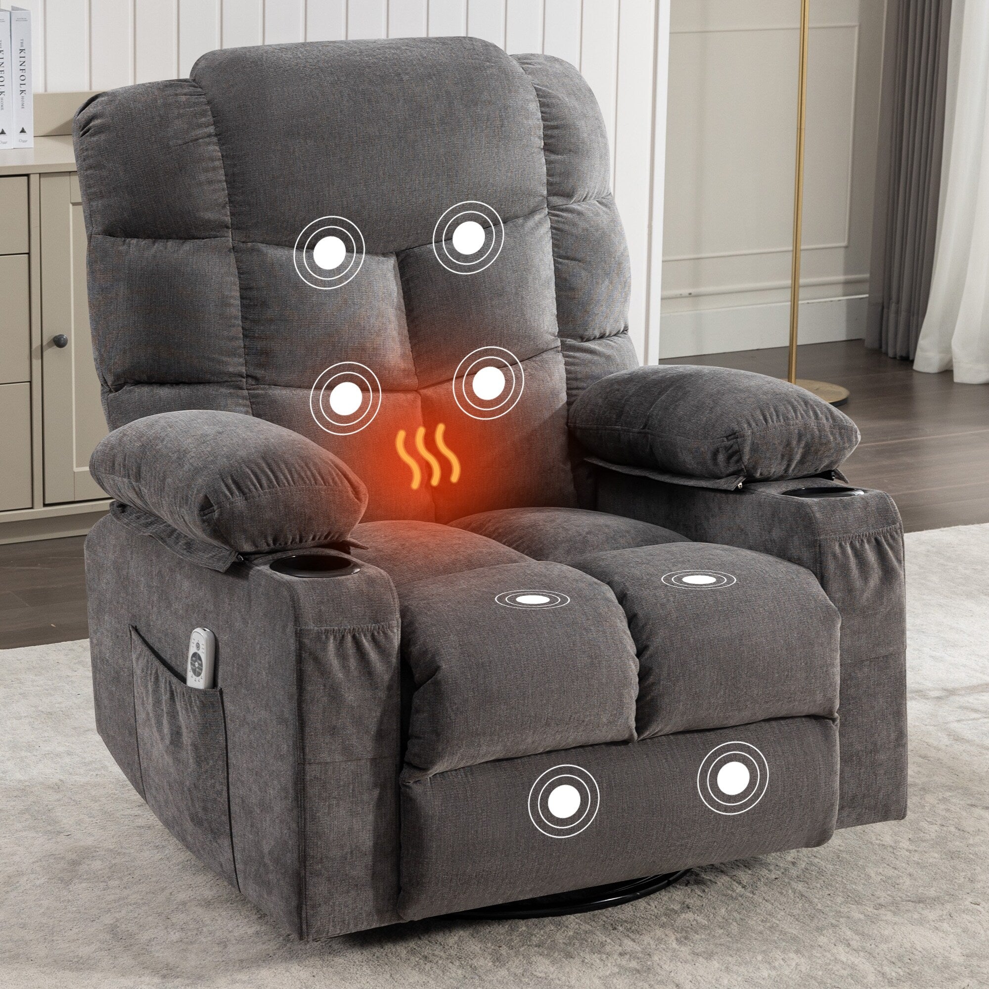 Fauteuil inclinable à bascule surdimensionné avec massage et chauffage, 2 porte-gobelets, port de chargement USB, inclinaison à 150° et fonction bascule à 30°