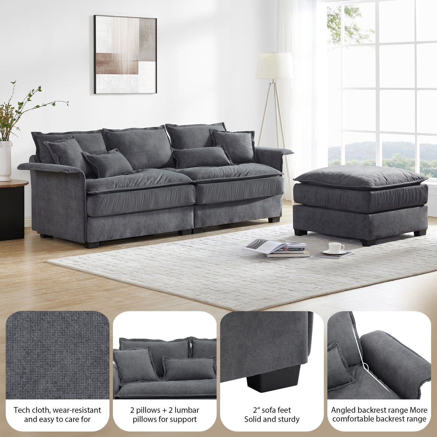 Canapé sectionnel surdimensionné avec accoudoirs en bois courbé, meuble d'intérieur rembourré avec coussins doubles, canapé en L avec pouf