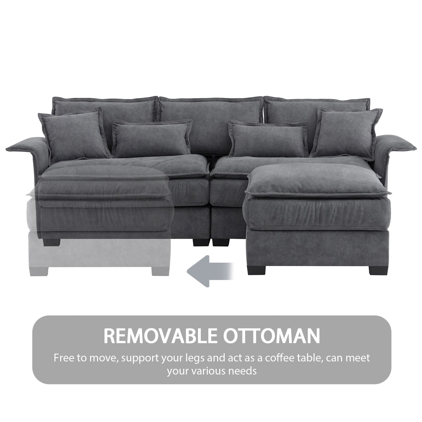 Canapé sectionnel surdimensionné avec accoudoirs en bois courbé, meuble d'intérieur rembourré avec coussins doubles, canapé en L avec pouf