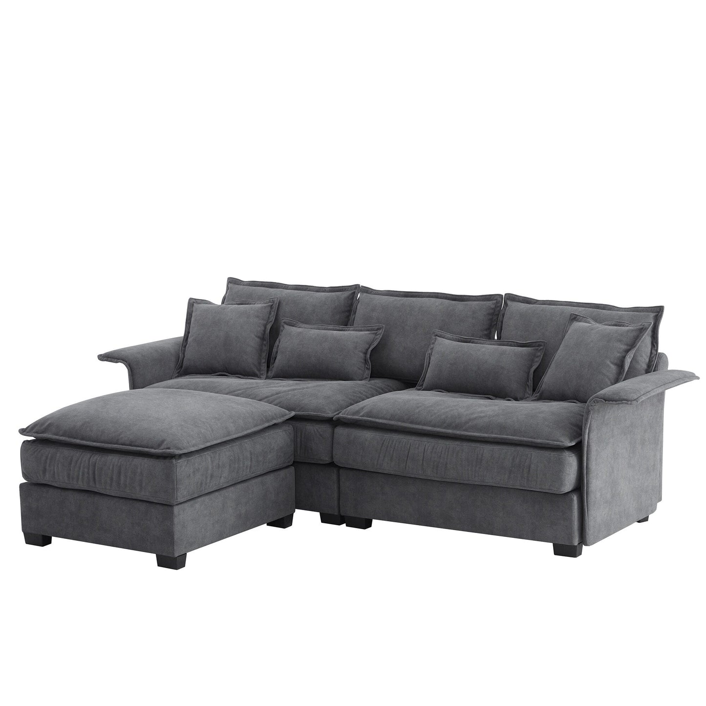 Canapé sectionnel surdimensionné avec accoudoirs en bois courbé, meuble d'intérieur rembourré avec coussins doubles, canapé en L avec pouf