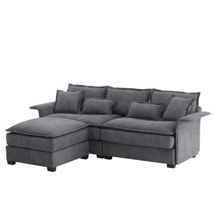 Canapé sectionnel surdimensionné avec accoudoirs en bois courbé, meuble d'intérieur rembourré avec coussins doubles, canapé en L avec pouf