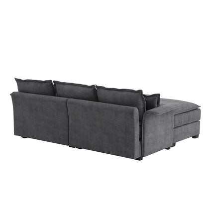 Canapé sectionnel surdimensionné avec accoudoirs en bois courbé, meuble d'intérieur rembourré avec coussins doubles, canapé en L avec pouf