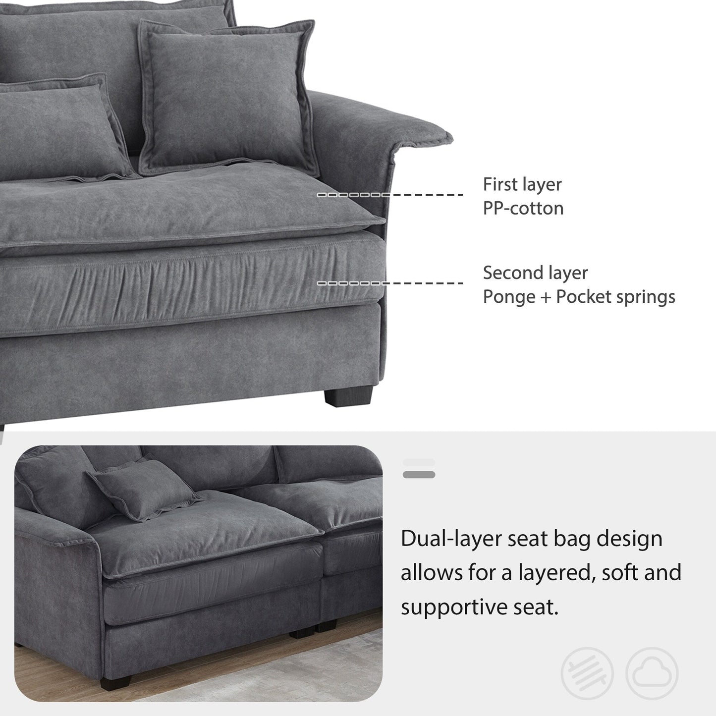 Canapé sectionnel surdimensionné avec accoudoirs en bois courbé, meuble d'intérieur rembourré avec coussins doubles, canapé en L avec pouf