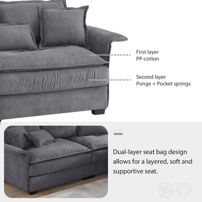 Canapé sectionnel surdimensionné avec accoudoirs en bois courbé, meuble d'intérieur rembourré avec coussins doubles, canapé en L avec pouf
