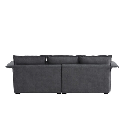 Canapé sectionnel surdimensionné avec accoudoirs en bois courbé, meuble d'intérieur rembourré avec coussins doubles, canapé en L avec pouf