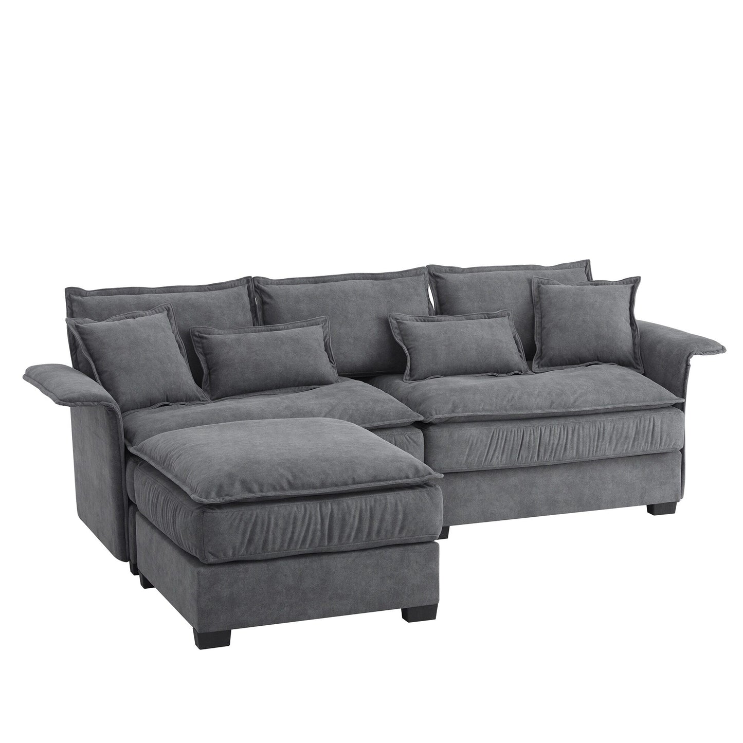 Canapé sectionnel surdimensionné avec accoudoirs en bois courbé, meuble d'intérieur rembourré avec coussins doubles, canapé en L avec pouf