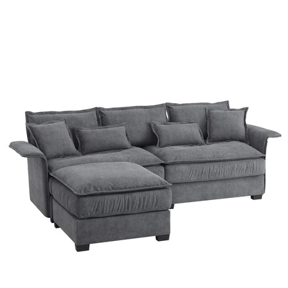 Canapé sectionnel surdimensionné avec accoudoirs en bois courbé, meuble d'intérieur rembourré avec coussins doubles, canapé en L avec pouf