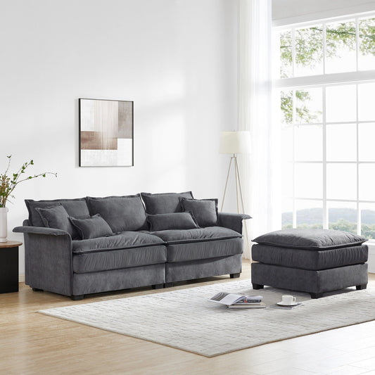 Canapé sectionnel surdimensionné avec accoudoirs en bois courbé, meuble d'intérieur rembourré avec coussins doubles, canapé en L avec pouf