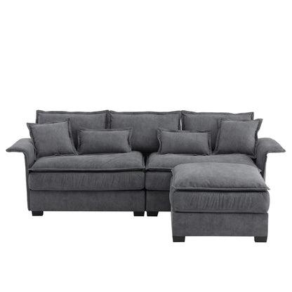 Canapé sectionnel surdimensionné avec accoudoirs en bois courbé, meuble d'intérieur rembourré avec coussins doubles, canapé en L avec pouf