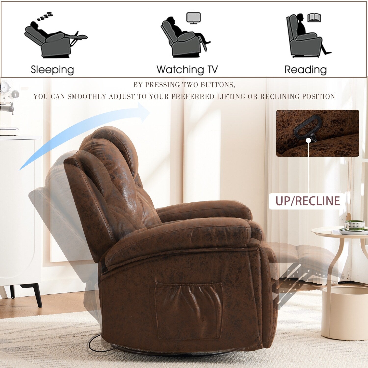 Canapé simple surdimensionné, fauteuil pivotant réglable avec poches latérales pour salon, salle de réunion, chambre à coucher