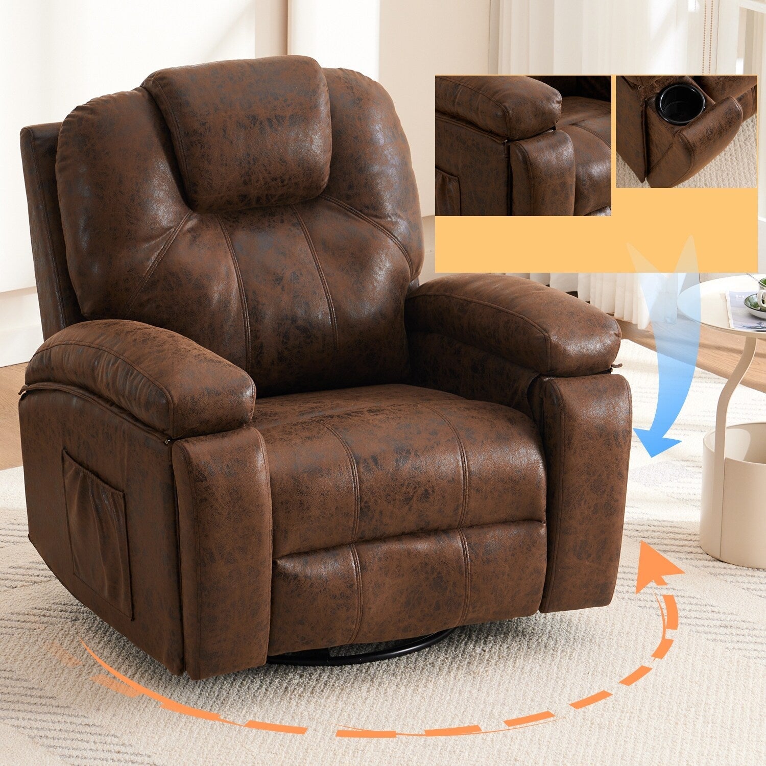 Canapé simple surdimensionné, fauteuil pivotant réglable avec poches latérales pour salon, salle de réunion, chambre à coucher