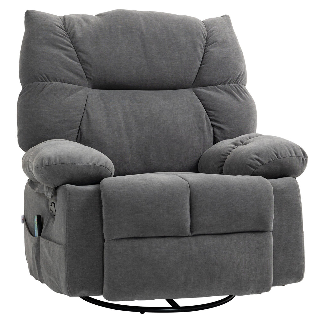 Fauteuil inclinable manuel pivotant surdimensionné avec massage par vibration, chauffage et repose-pieds, 4 poches latérales et télécommande