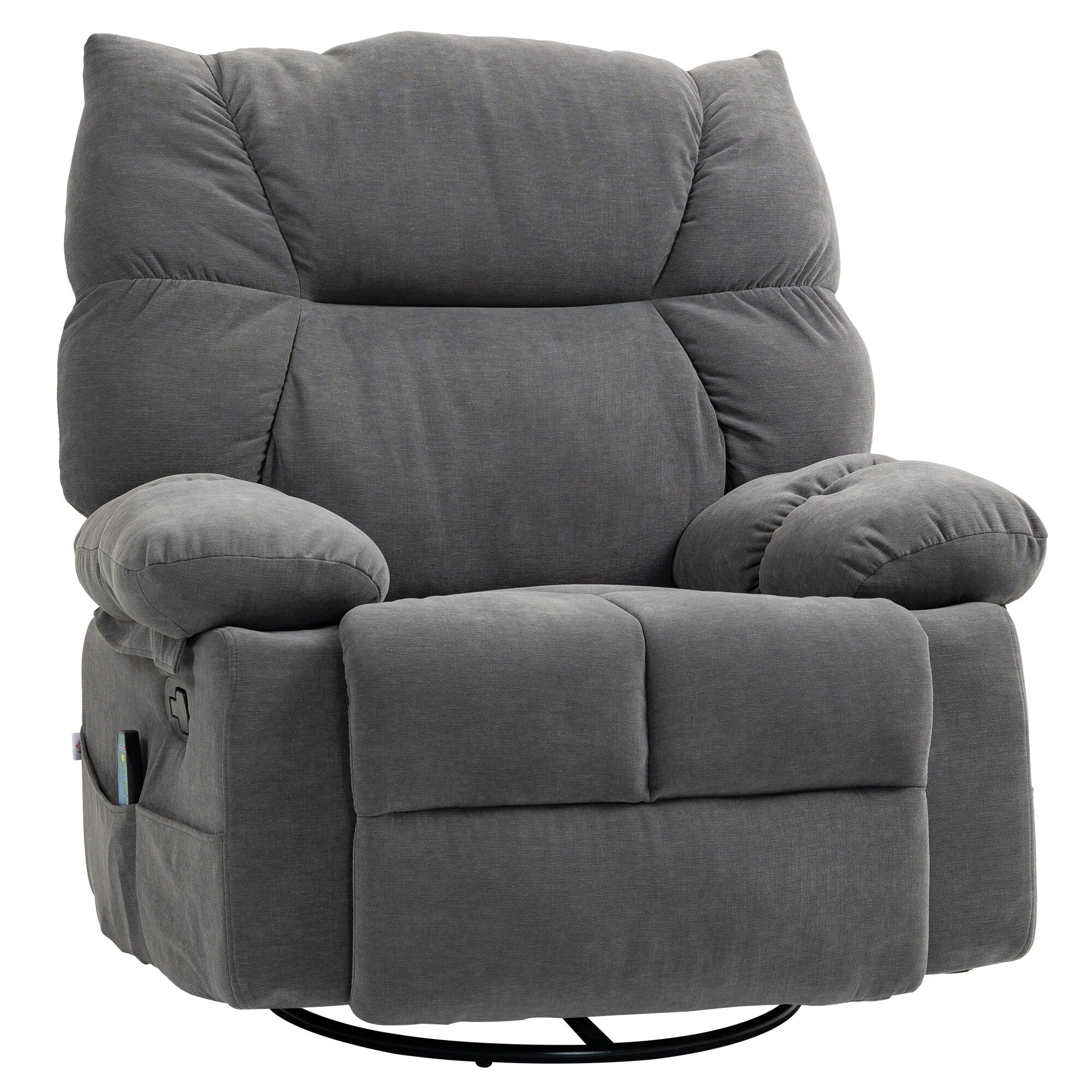 Fauteuil inclinable manuel pivotant surdimensionné avec massage par vibration, chauffage et repose-pieds, 4 poches latérales et télécommande